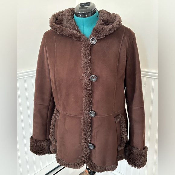 Jones New York Faux Suede Jacket with Faux Fur Trim and Hood, size Large - Picture 2 of 14